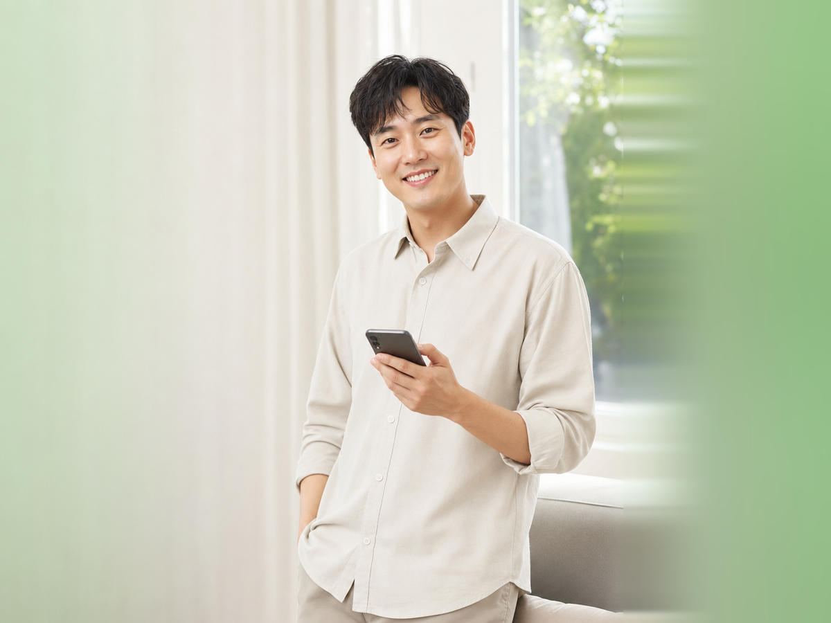 다음머니 롯데카드깡 휴대폰 화면을 보며 웃는 남성 고객